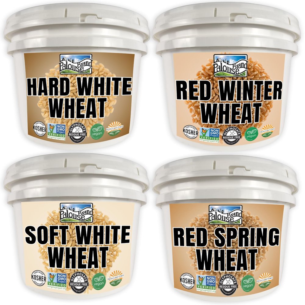 Palouse Brand Certified Glyphosate Residue Free Wheat Berries | 100 LBS | Hard White, Soft White, Hard Red Winter, Hard Red Spring Wheat Berries [25 lbs each]