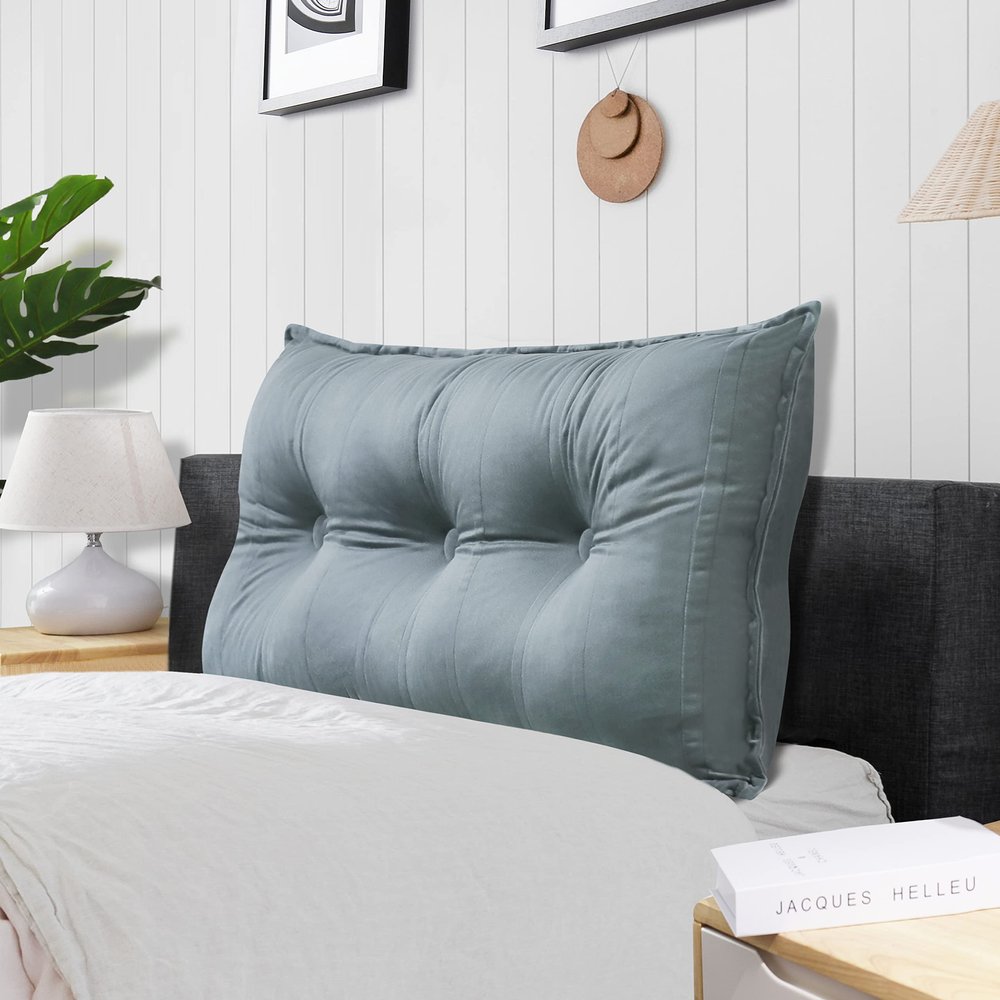 Rucener Twin Rectangular Headboard Reading Pillow, Velvet College Dorm Bed Pillow, Removable Headboard Backrest Reading Pillow Headboard, Dorm Bedding Essentials for Girls & Boys Grey