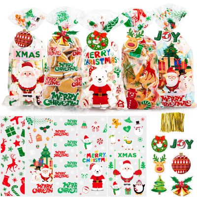 WeDoSoy Christmas Cellophane Bags - Set of 125 Treat Bags with Gold Twist Ties & 30 Gift Tags - Ideal for Cookies, Candies, Table Decor and Christmas Party Decorations