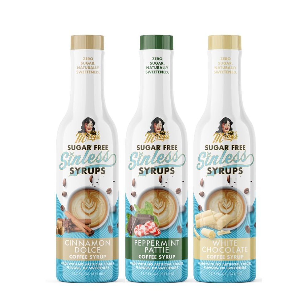 Miss Marys Sinless Syrups Winter Collection - Sugar Free, No Artificial Sweeteners, Coffee Tea Cocoa Dessert, Keto Friendly, Peppermint Pattie, Cinnamon Dolce, White Chocolate, 3 Pack