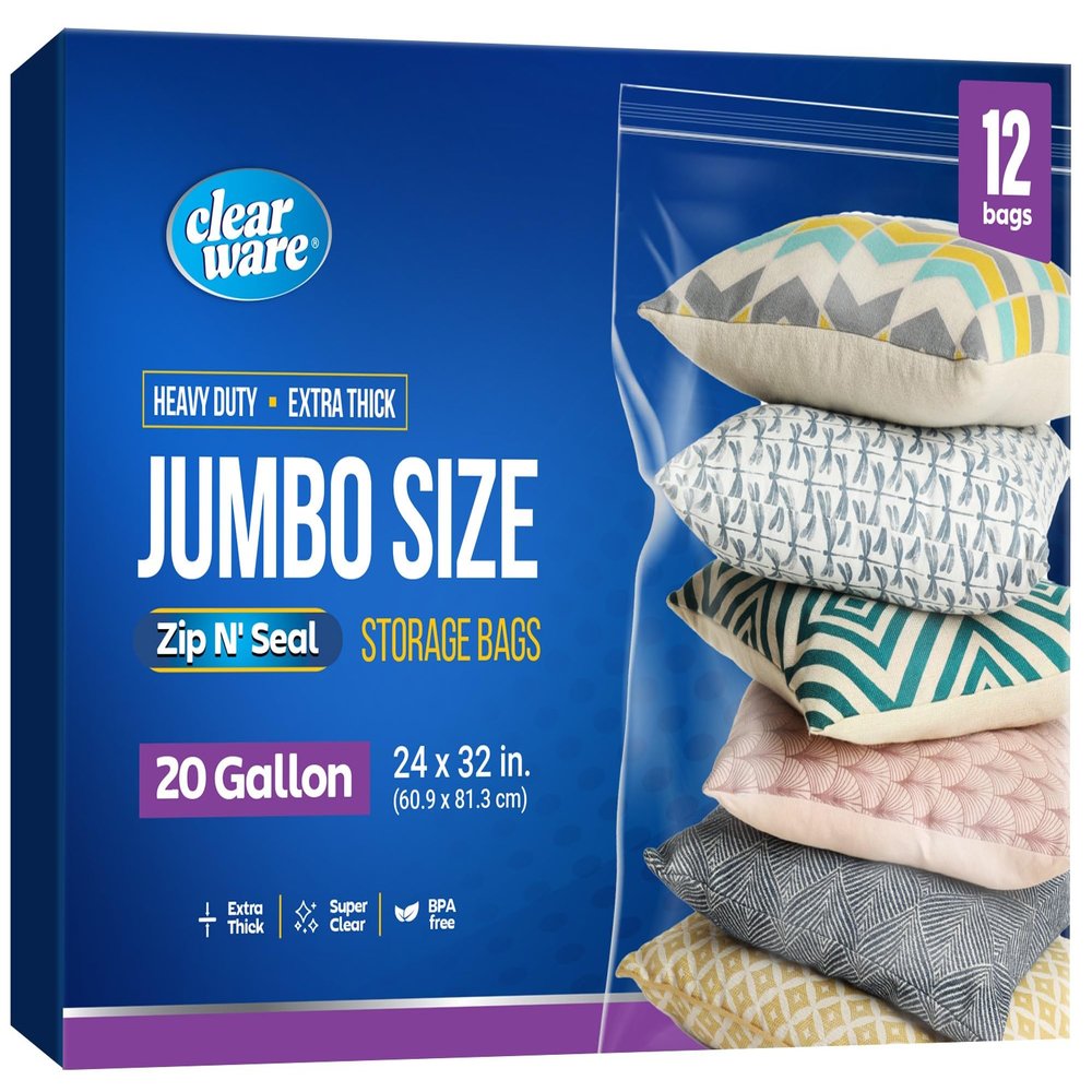 12 Count - Large Plastic Bags With Zipper Top, 20 Gallon Size 24" x 32", Extra Large Storage Bags, For Clothes, Travel, Moving, BPA-Free, Heavy Duty 3-Mil Thick