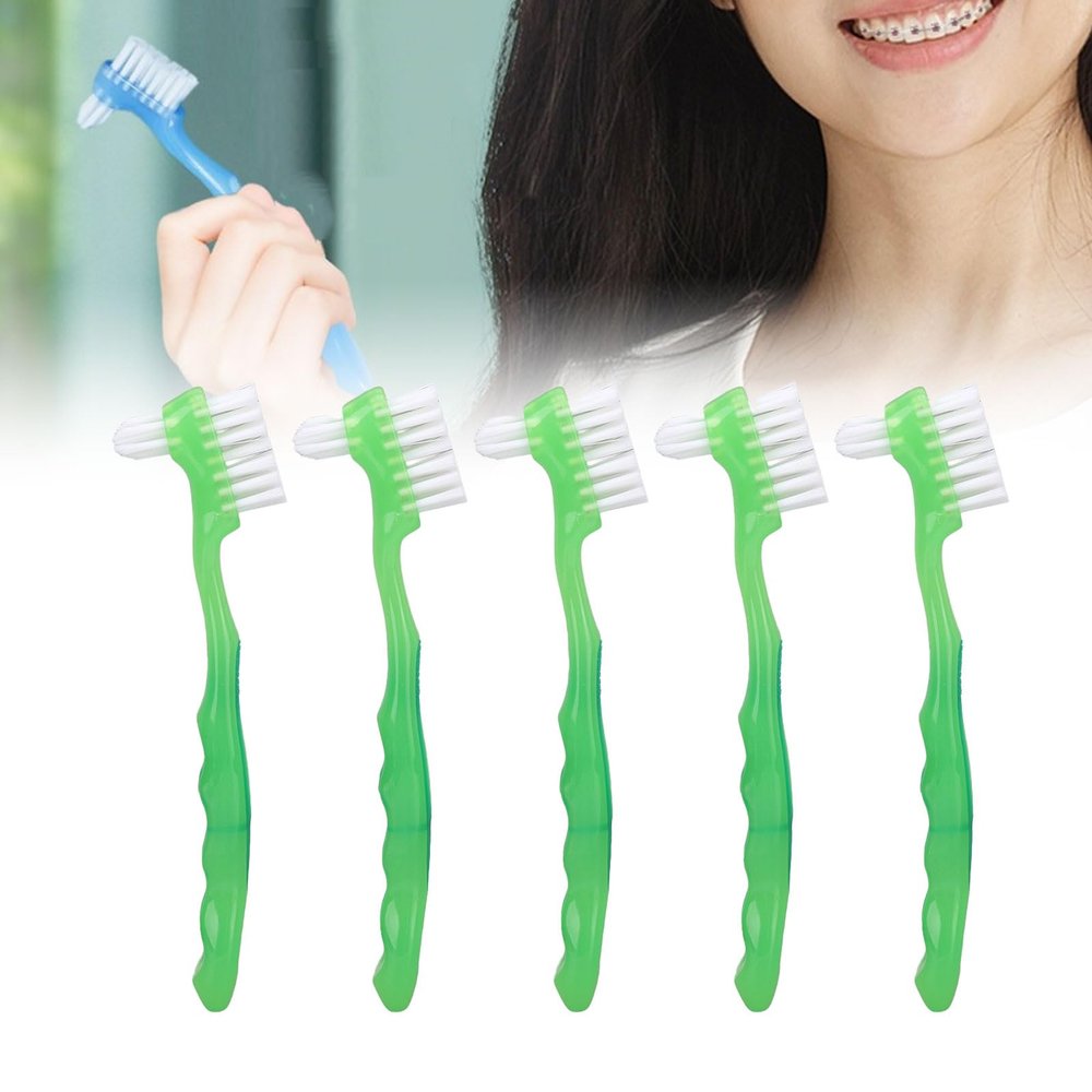 Betued 5pcs Green Denture Brush Set - Soft & Flexible Fit - Manual Denture Cleaning Brushes