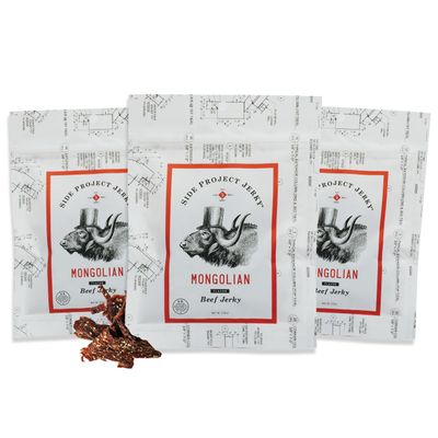Side Project Jerkys Mongolian Flavored Beef Jerky - Chef Curated Beef Jerky Snack Packs with Sweet & Smoky Burnt End Notes - Premium USA Made High Protein Snacks - 2 oz (Pack of 3)