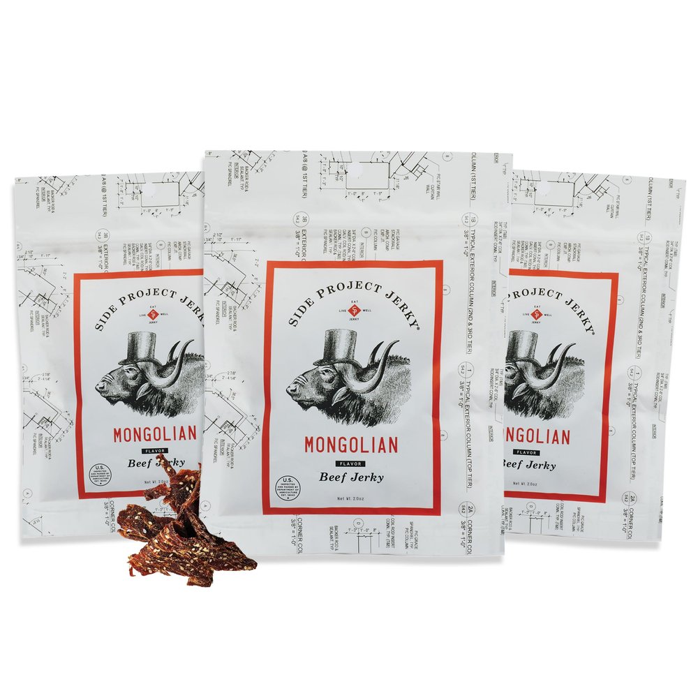 Side Project Jerkys Mongolian Flavored Beef Jerky - Chef Curated Beef Jerky Snack Packs with Sweet & Smoky Burnt End Notes - Premium USA Made High Protein Snacks - 2 oz (Pack of 3)