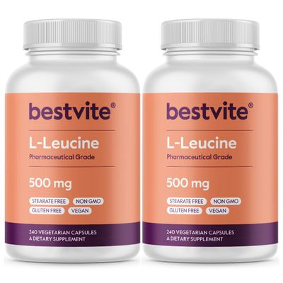 BESTVITE Filler-Free L-Leucine 500mg per Capsule (480 Vegetarian Capsules) (240x2)  No Stearates, No Fillers  Vegan, Non-GMO, Gluten-Free Leucine Supplement  Essential Amino Acid Supplement