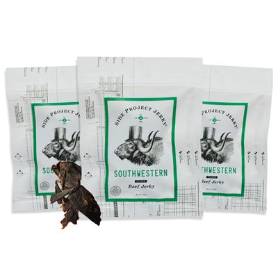 Side Project Jerky Southwestern Beef Jerky - Spicy Gourmet Snack with New Mexico Chile, Cumin & Cayenne - High Protein, Gluten Free Artisan Jerky - Chef Crafted & Small Batch - 2 oz Bag (Pack of 3)