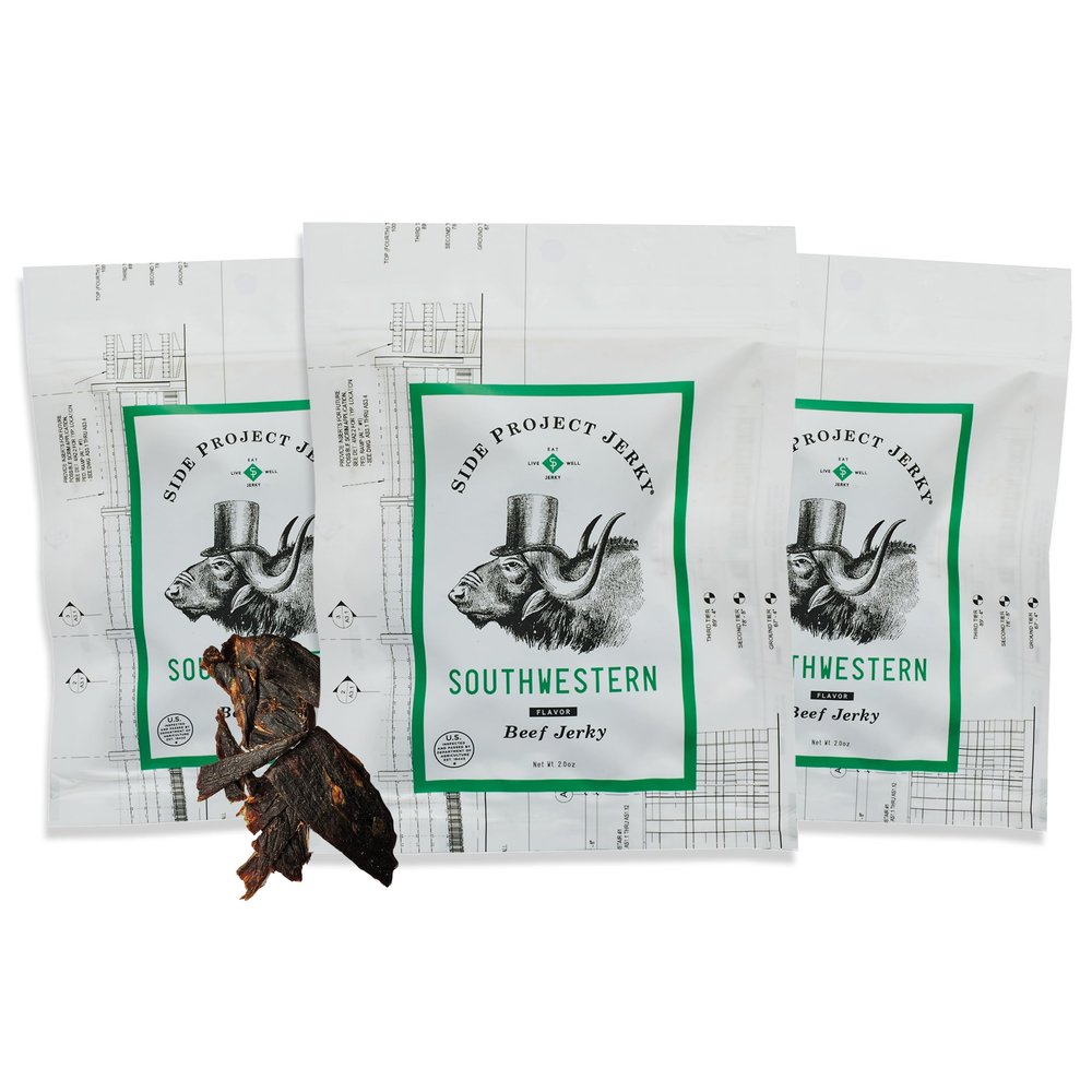 Side Project Jerky Southwestern Beef Jerky - Spicy Gourmet Snack with New Mexico Chile, Cumin & Cayenne - High Protein, Gluten Free Artisan Jerky - Chef Crafted & Small Batch - 2 oz Bag (Pack of 3)