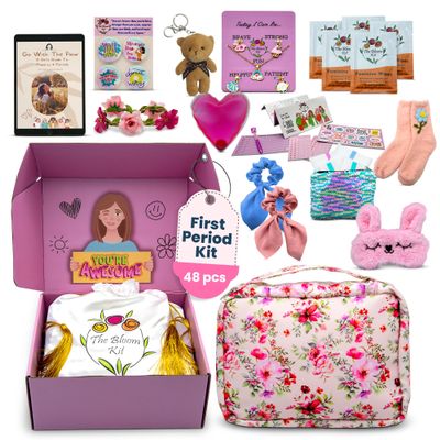The Bloom First Period Kit for Girls 9-10-12-14 for School | Menstrual Starter Kit Essentials for Tween Girls | First Periods Teen Gifts Box with Pads, Wipes, Educational E-Book & More (48 PCs)