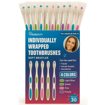 Trueocity 30 Pack Individually Wrapped Toothbrushes - Soft Bristle, Multi-Colored and Perfect for Adults and Kids, Travel Pack, Disposable Toothbrushes for Bulk Use, Oral Care Supplies