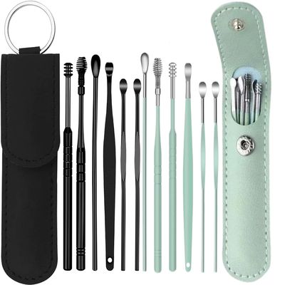 12 Pcs Ear Pick Earwax Removal Kit, Ear Cleaning Tool, Stainless Steel Earwax Removal Tool with Leather Storage Box (Black&Green)