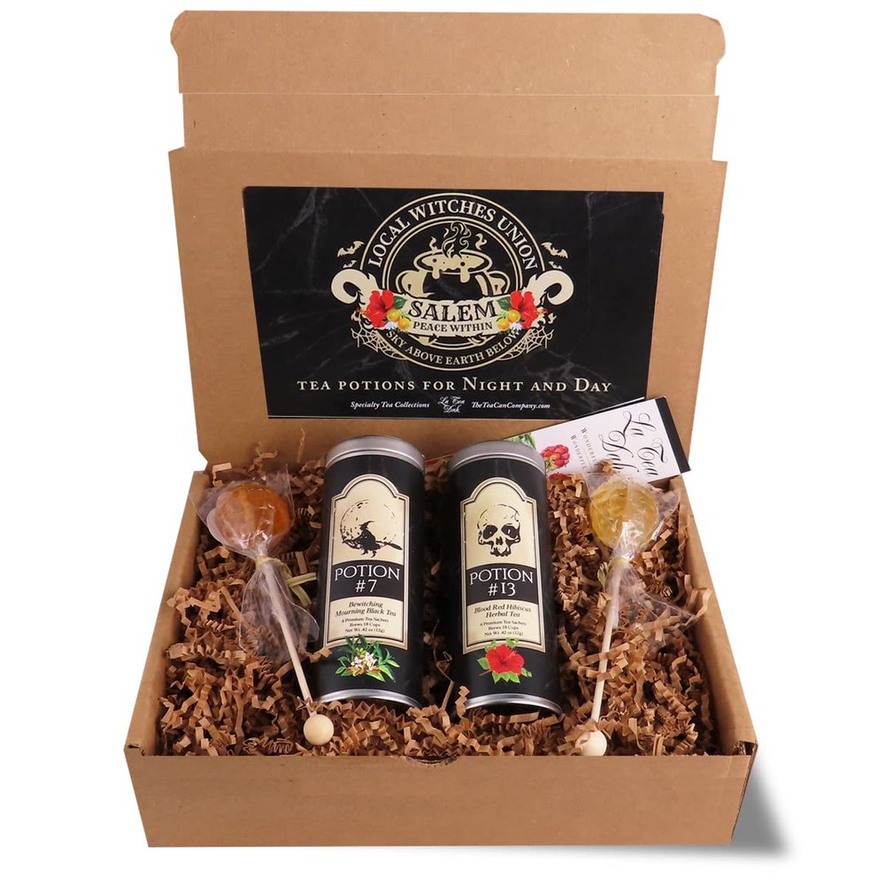 Potions Gift Basket for Halloween by La Tea Dah, Pumpkin Spice Tea, Blood Red Hibiscus Tea, and Two Honey Stirrers, Halloween Treats Non Candy, Gourmet Tea Gift Sets