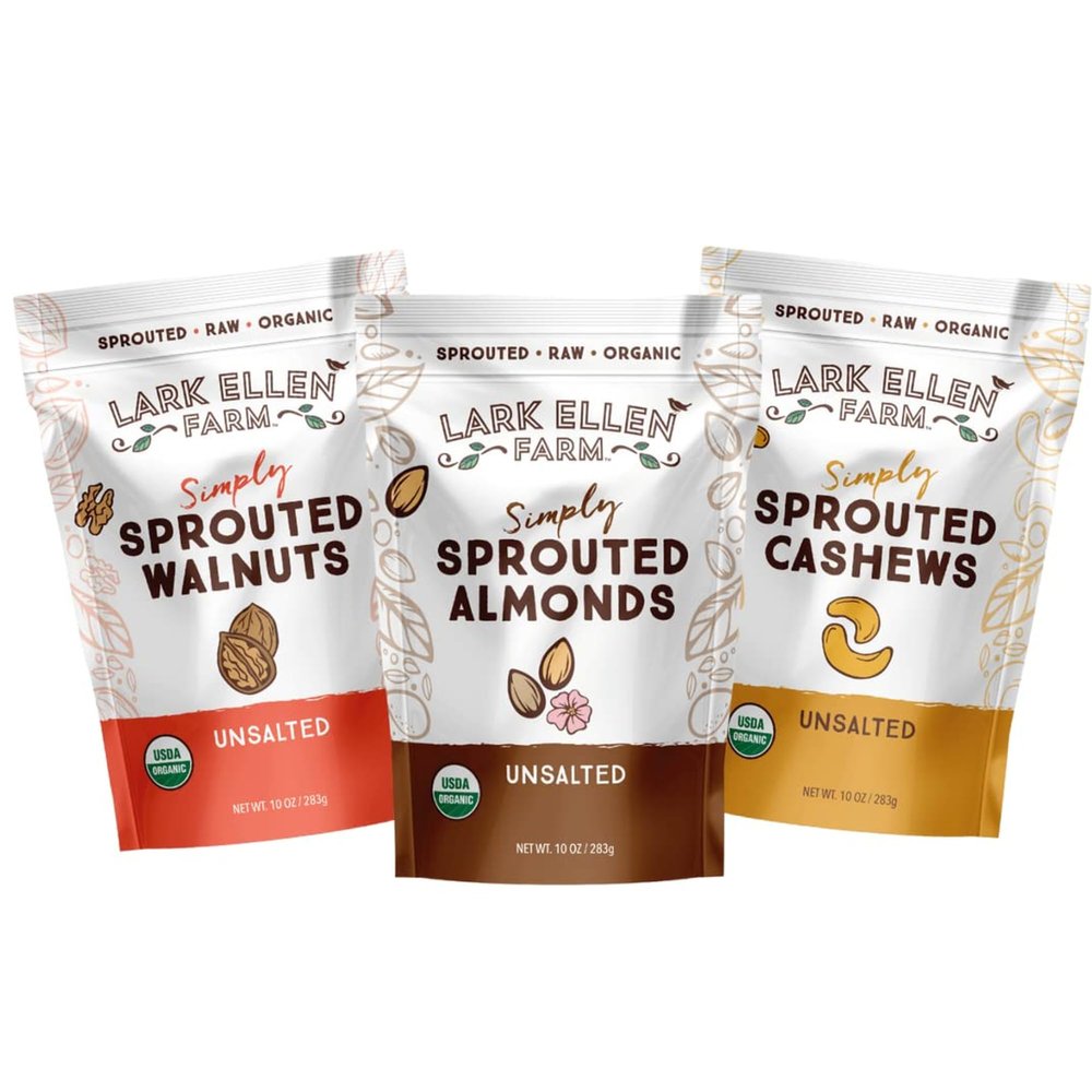Lark Ellen Farm Sprouted Organic Nuts Variety Pack Almonds, Walnuts & Cashews Raw, Vegan, Gluten-Free, Non-GMO, Clean Label Snacks, (1 Bag Each, 10 oz)