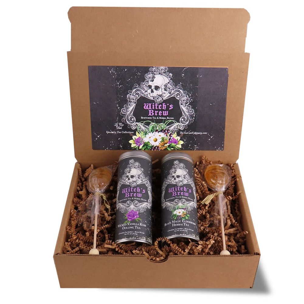 Witch's Brew Gift Basket for Halloween by La Tea Dah, Rose Oolong Tea, Herbal Elderberry Tea, and Two Honey Stirrers, Halloween Gifts for Women, Gourmet Tea Gift Sets