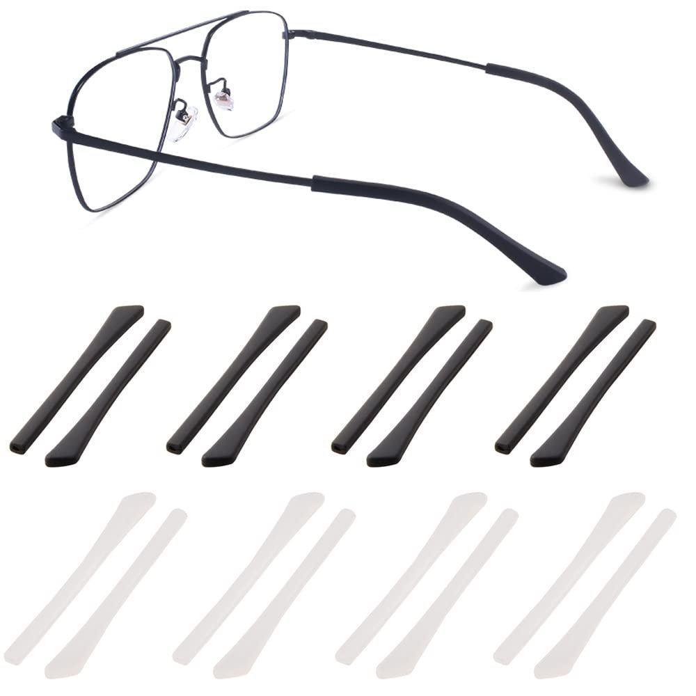 Junsika Eyeglass Temple End Tips Soft Silicone Anti Slip Eyeglass Replacement Temples for Flat Thin Eyeglass Legs 8 Pairs Black