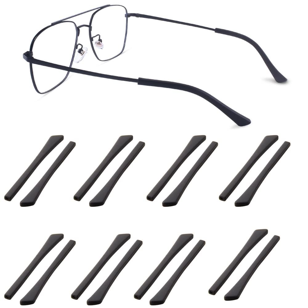 Junsika Eyeglass Temple End Tips Soft Silicone Anti Slip Eyeglass Replacement Temples for Flat Thin Eyeglass Legs 8 Pairs Black