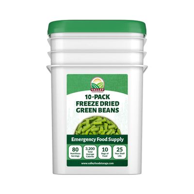 Valley Food Storage Freeze Dried Green Beans | 10-Bag Bucket, 28.2 oz | Premium Emergency Food Supply, 25 Year Shelf Life | Non-GMO Prepper Food for Camping, Cooking & Long-Term Storage, Packaged in USA