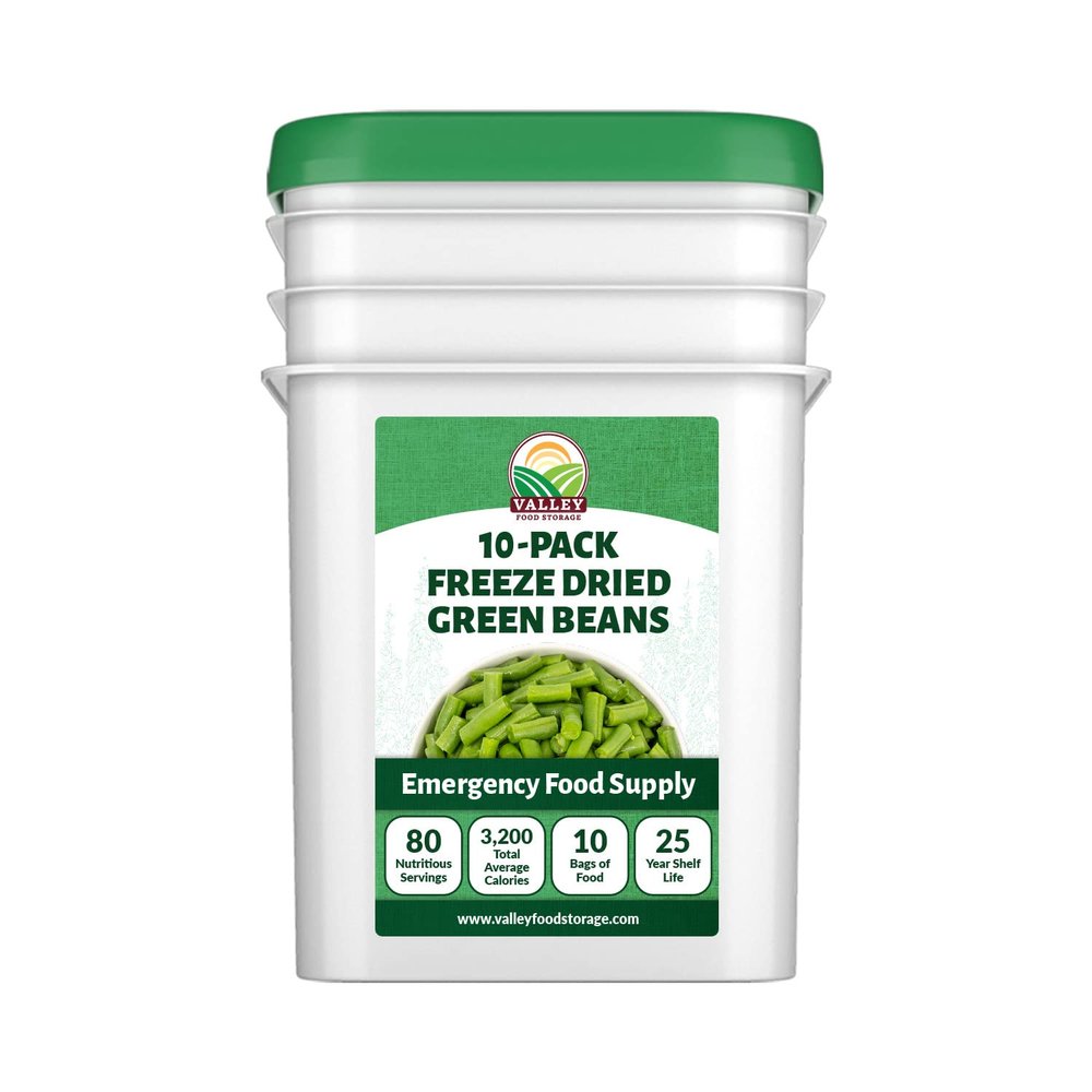 Valley Food Storage Freeze Dried Green Beans | 10-Bag Bucket, 28.2 oz | Premium Emergency Food Supply, 25 Year Shelf Life | Non-GMO Prepper Food for Camping, Cooking & Long-Term Storage, Packaged in USA