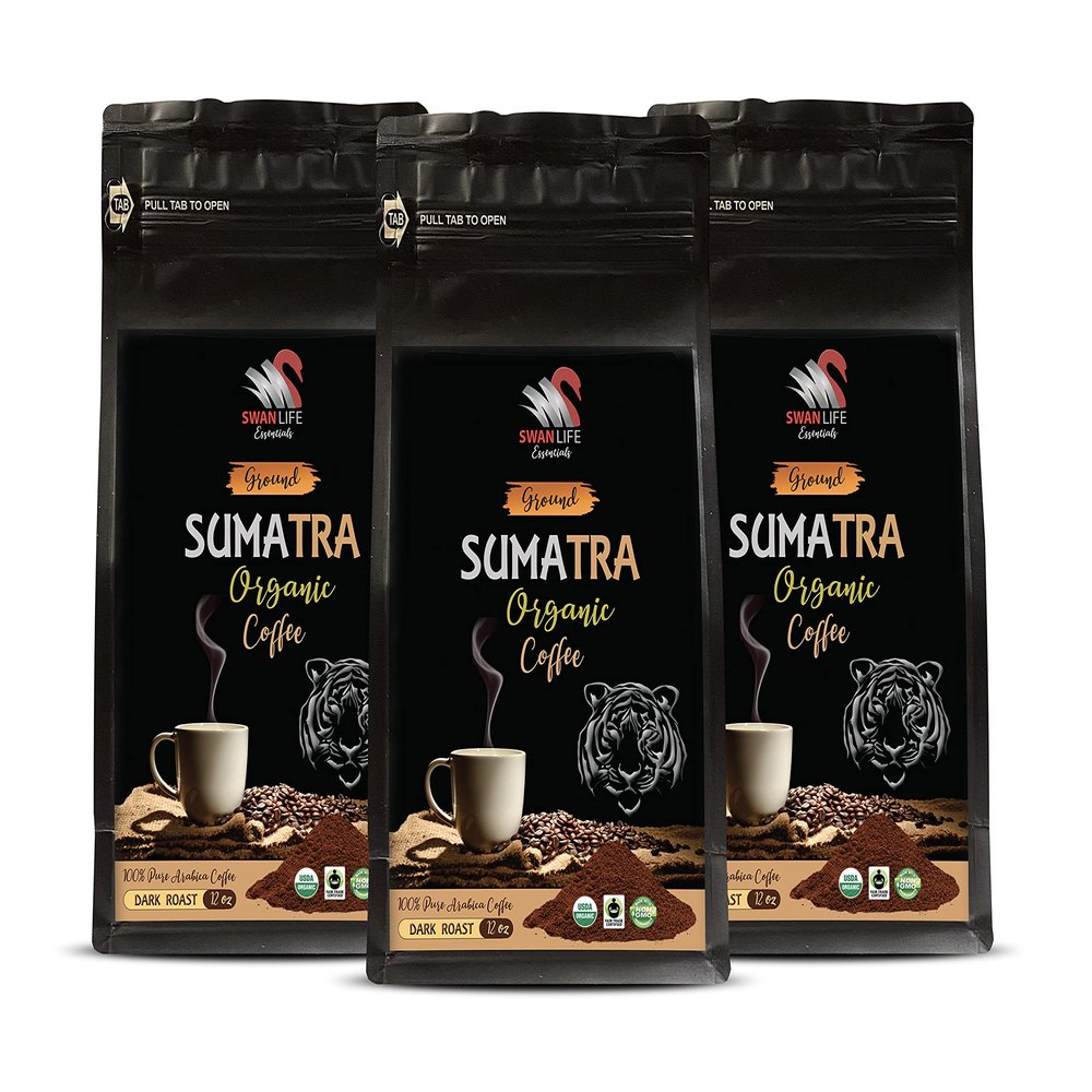 coffee from indonesia - SUMARTA GROUND COFFEE ORGANIC, arabica, dark rost, fair trade, low acidity - sumatra coffee whole bean, 3 Bags (36 Oz)