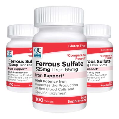Quality Choice Iron 65 mg (325 mg Ferrous Sulfate) High Potency Iron Support Supplement Tablets in 100 Count Bottles (3 Pack)