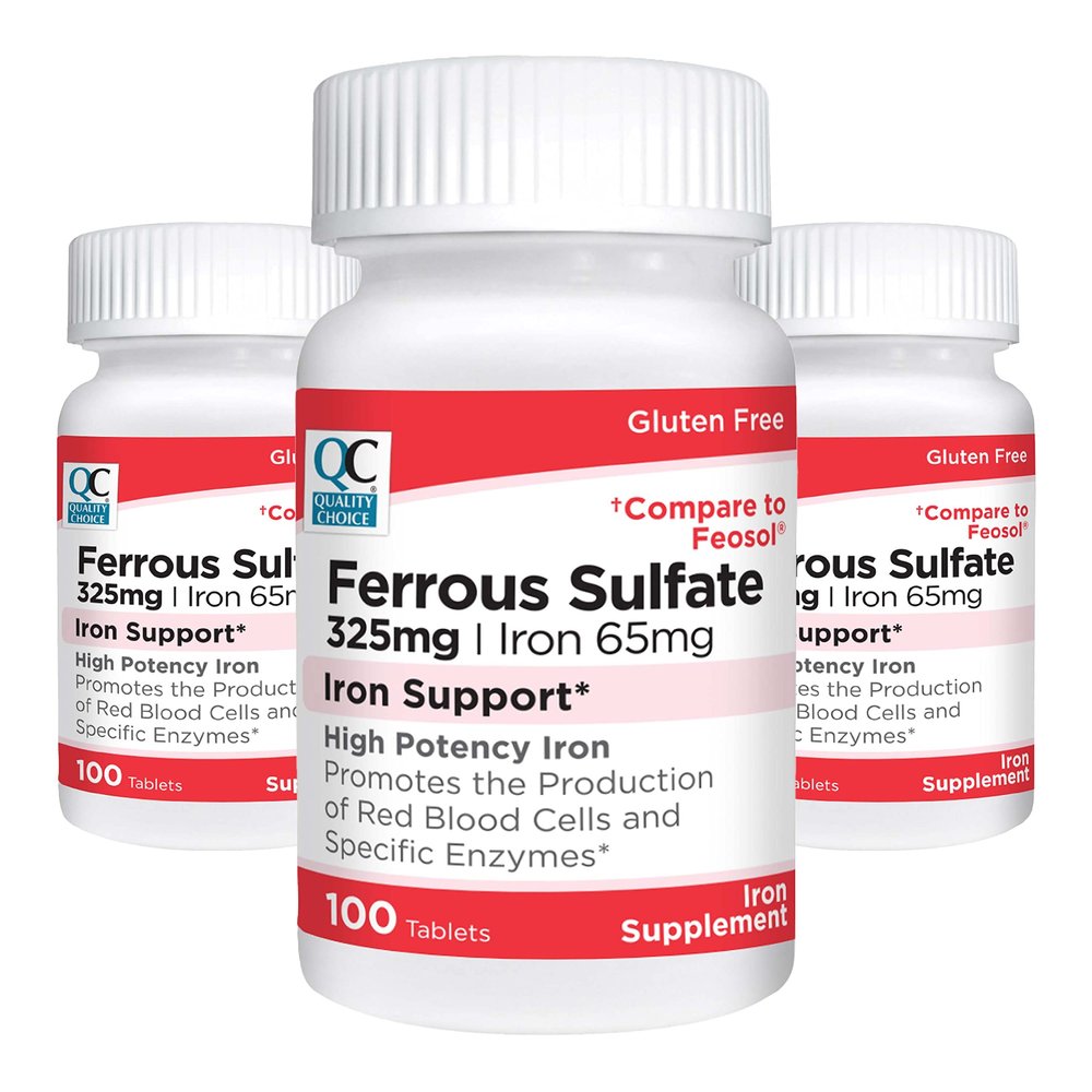 Quality Choice Iron 65 mg (325 mg Ferrous Sulfate) High Potency Iron Support Supplement Tablets in 100 Count Bottles (3 Pack)