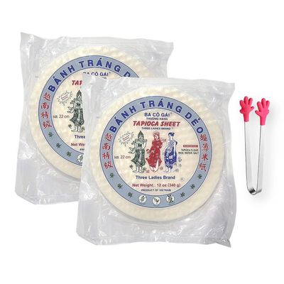 Three Ladies Tapioca Sheet Banh Trang Deo for Vietnamese Spring Roll Size 22 cm - 12 Oz. X 2 Packs - with Mini Handshape Silicone Tongs