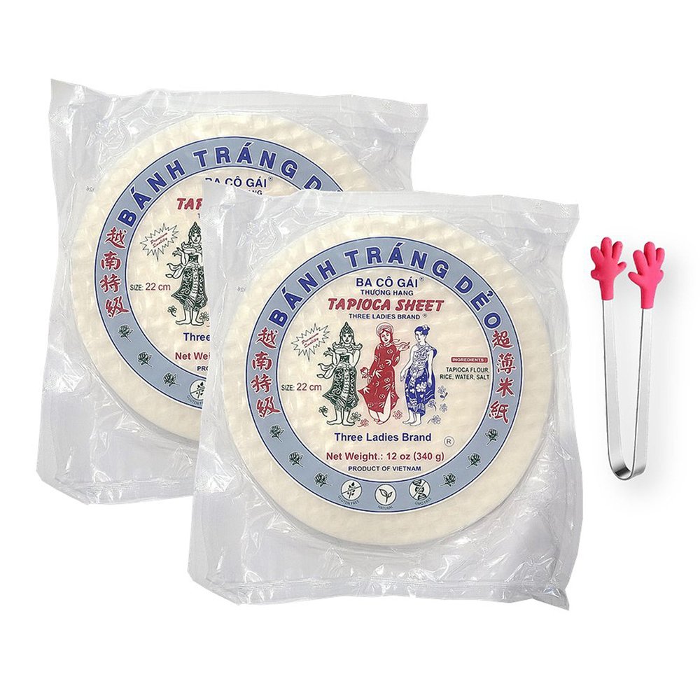 Three Ladies Tapioca Sheet Banh Trang Deo for Vietnamese Spring Roll Size 22 cm - 12 Oz. X 2 Packs - with Mini Handshape Silicone Tongs
