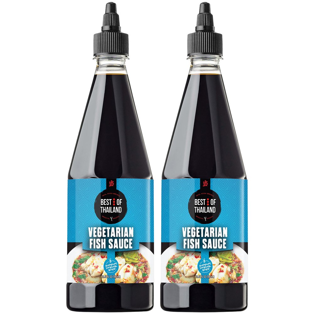 Best Of Thailand Vegetarian Fish Sauce | [Improved NO MSG] Real Authentic Asian Brewed Vegan Sauces for Dressings & Cooking | Certified Kosher & Fat-Free | 2 Pack - Each 23.65 Fl Oz