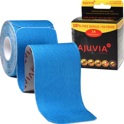 AJUVIA Professional Kinesiology Tape Roll (1 Roll, 10% Bonus, 20 + 2 Strips Precut) Lasts up to 14 Days, K Tape Precut Strips, Sports Tape Athletic