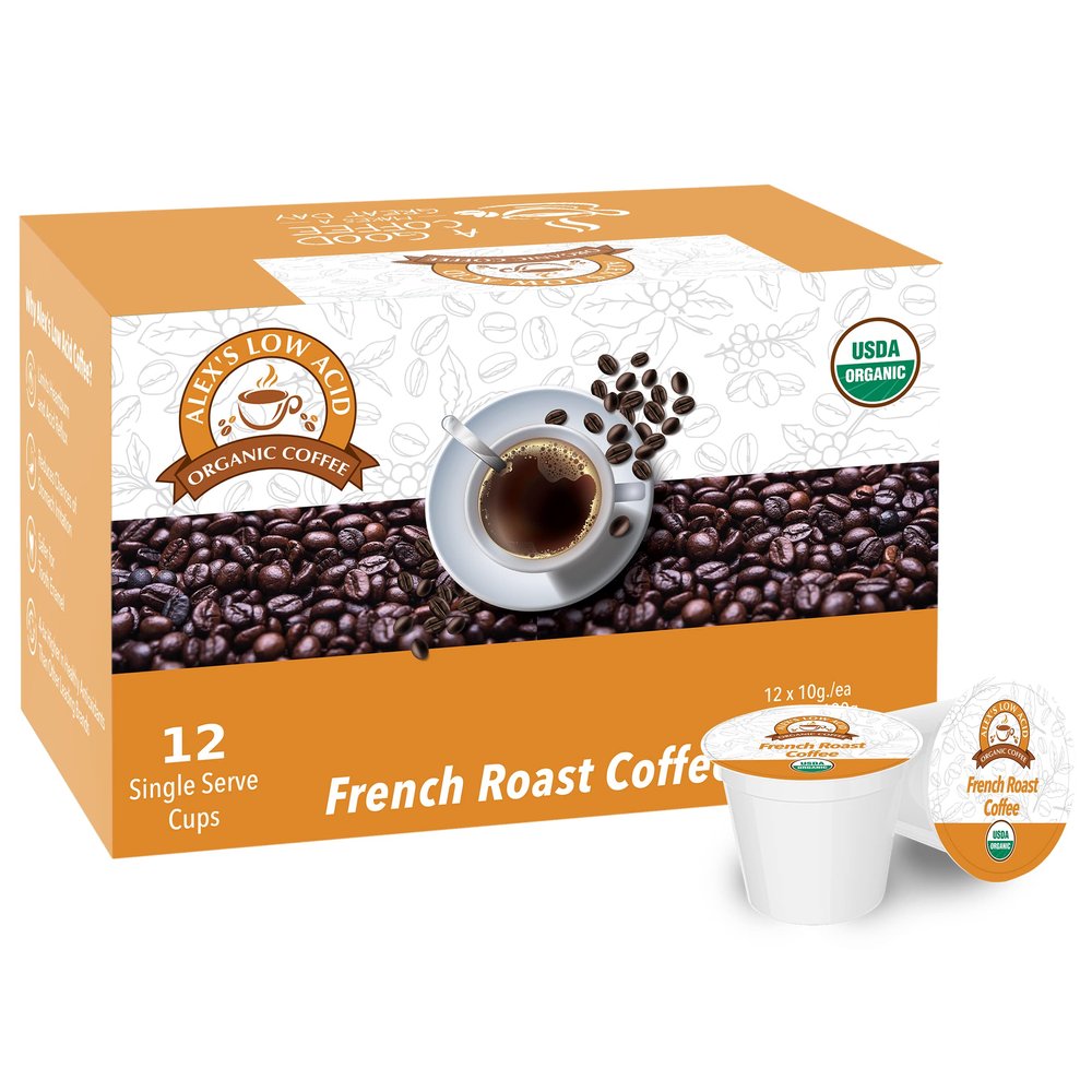 Alexs Low Acid Organic Coffee | Created to Limit Heartburn, Acid Reflux & Stomach Irritation | French Roast | Pack of 12 K-Cups