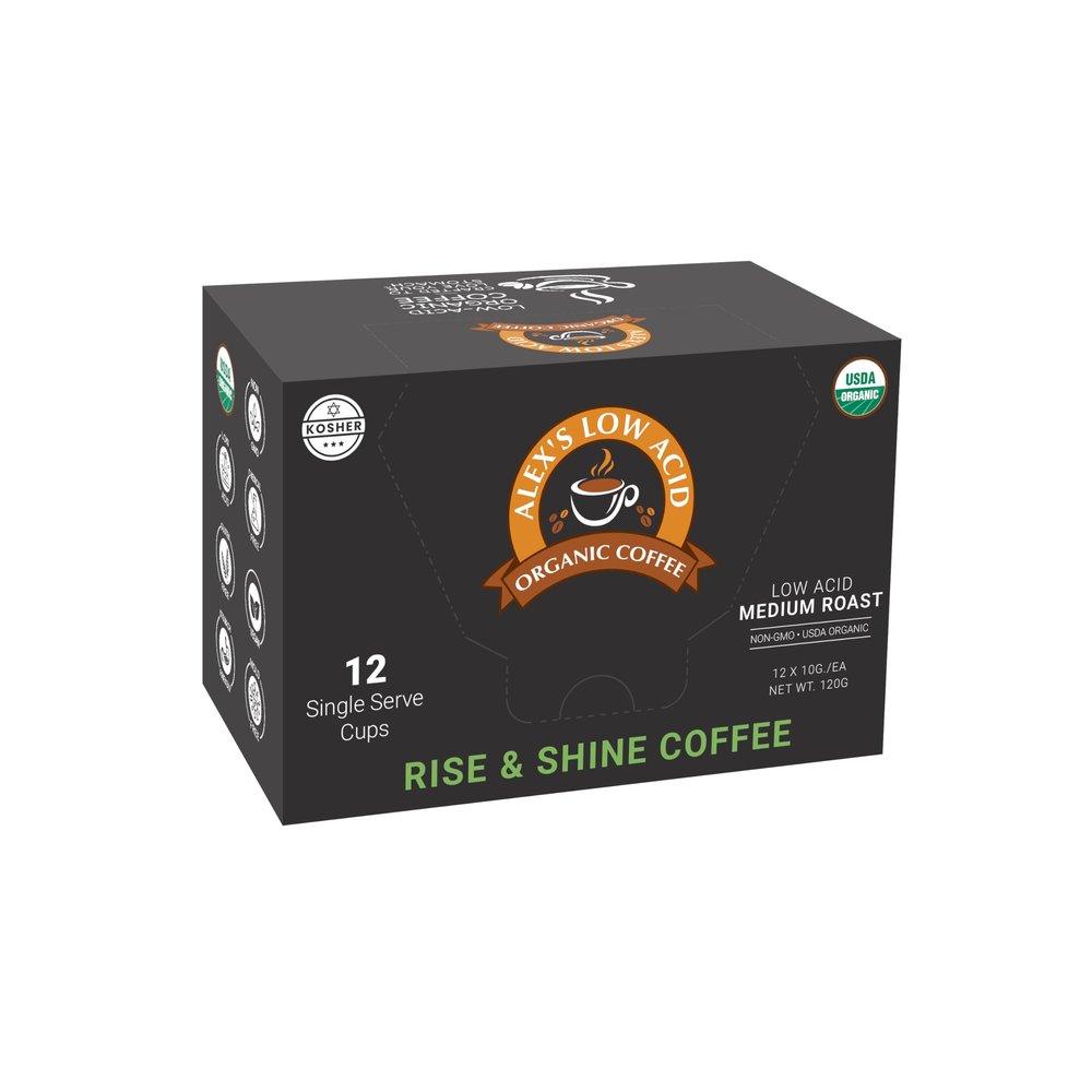 Alexs Low Acid Organic Coffee | Created to Limit Heartburn, Acid Reflux & Stomach Irritation | Rise & Shine | Pack of 12 K-Cups
