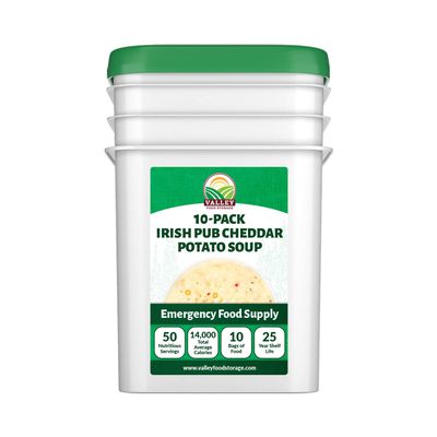 Valley Food Storage Irish Pub Cheddar Potato Soup 10-Bag Bucket, 50 Servings | Premium Non-GMO Emergency Food Supply with 25 Year Shelf Life | Survival Meals, Prepper Food, Camping & Off-Grid Supplies