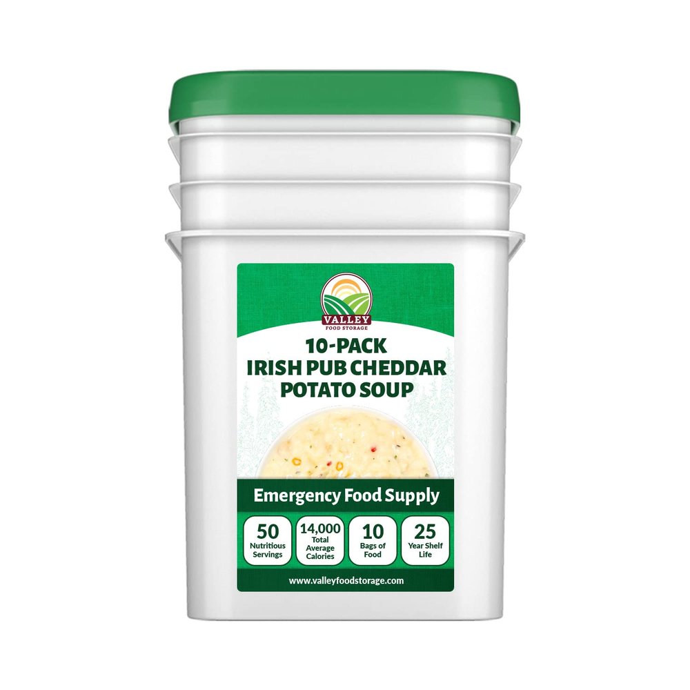 Valley Food Storage Irish Pub Cheddar Potato Soup 10-Bag Bucket, 50 Servings | Premium Non-GMO Emergency Food Supply with 25 Year Shelf Life | Survival Meals, Prepper Food, Camping & Off-Grid Supplies