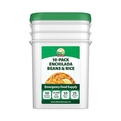 Valley Food Storage Enchilada Beans & Rice | 50 Servings Emergency Food Supply | Premium Survival Meals, 25 Year Shelf Life | Prepper Food, Camping & Off Grid Living Supplies (10 Bags + Bucket)