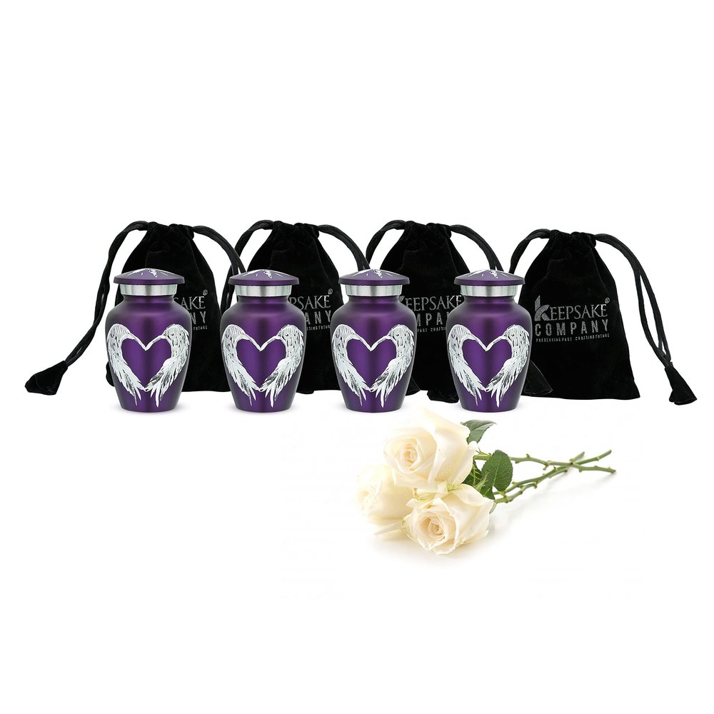 KEEPSAKE COMPANY's Purple Small Urns for Human Ashes - Angel Wings Mini Urns - Cremation Keepsakes urns for Ashes Urn -ERN - Tiny Urns for Men - (Set of 4 Miniature Urn)