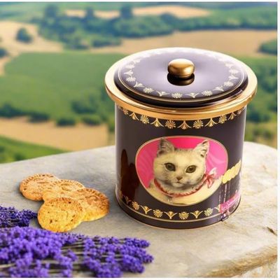 La Sablsienne, White Cat (Chat Blanc) ROUND Tin of Two French Pure Butter Cookie Assortments, 8.8 oz, Imported