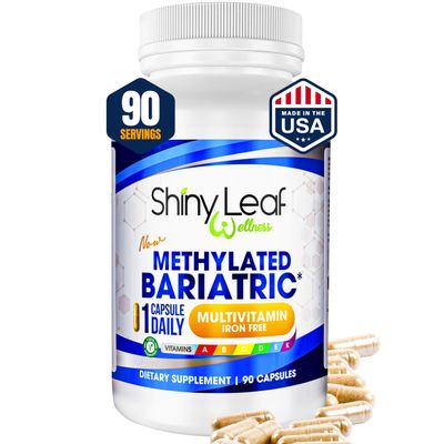 Shiny Leaf Methylated Bariatric Multivitamin Without Iron Vitamins for Gastric Bypass & Sleeve, 1 Daily Capsule W Methylated Folate, B12, A, C, D, K & More. Vegetarian, Soy-Free, USA Made (90 Ct.)