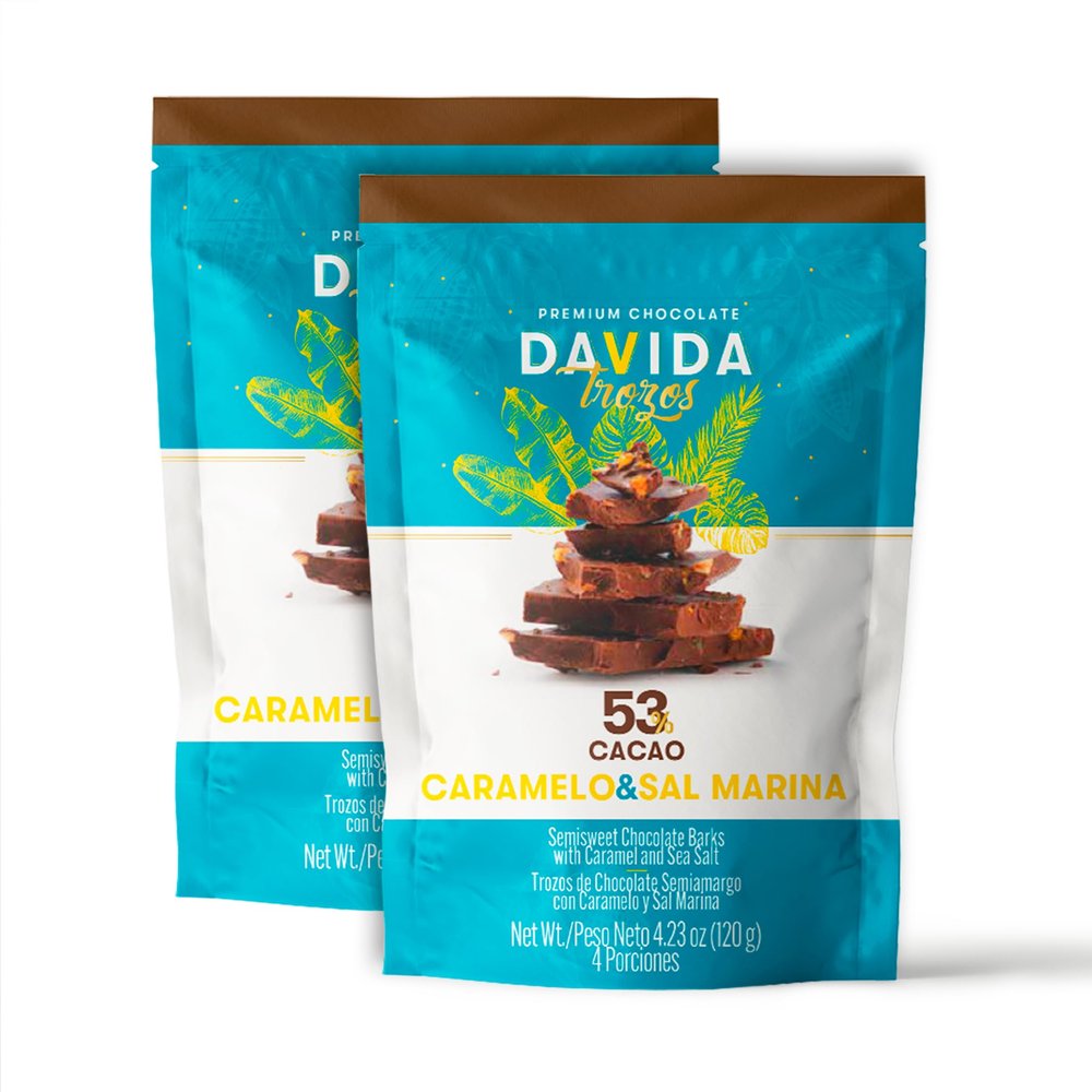 DAVIDA Chocolate Barks, 53% Cacao with Caramel & Sea Salt. Premium Colombian Semi-Sweet Dark Chocolate (Pack of 2) 4.23 OZ