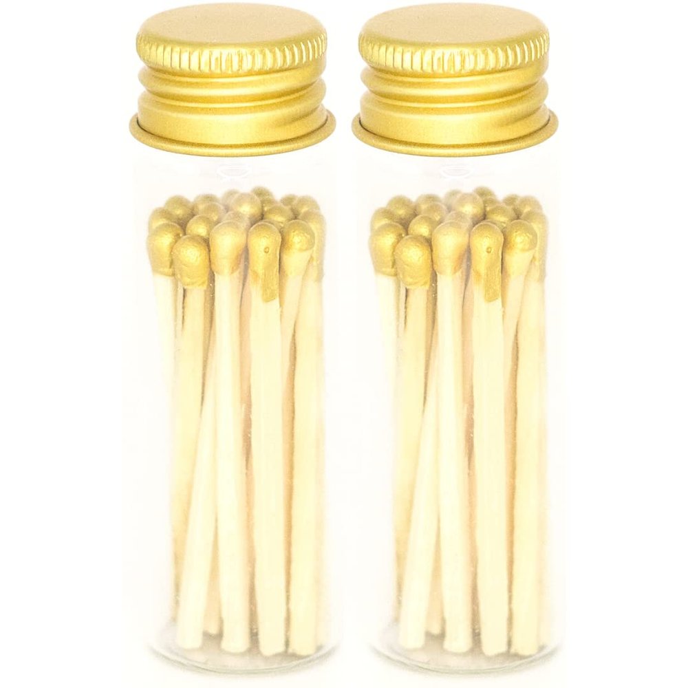 River Birch Gold Tip Decorative Matches | 40+ Small Premium Wooden Safety Matches | 2 Bottles of 20+ Matches Each with Gold Lid and Striker on Bottom | Home Decor
