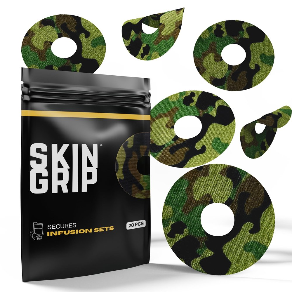 Skin Grip Universal Adhesive Patches for CGM and Insulin Pumps with Cutout (20-Pack), 0.8-Inch Hole, Waterproof & Sweatproof for 10-14 Days, Glucose Monitor Patch, Diabetic Sensor Cover, Camo