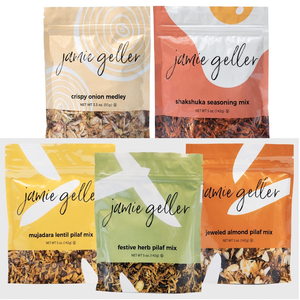 Jamie Geller Seasonings Bag Sampler, 5 Pack: Mujadara Lentil Pilaf Mix, 5 oz (142g), Festive Herb Pilaf Mix, 5 oz (142g), Jeweled Almond Pilaf Mix, 5 oz (142g), Shakshuka Seasoning Mix, 5 oz (142g), and Crispy Onion Medley, 3.3 oz bag (93g) | OU KOSH