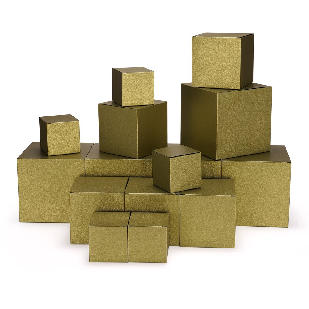 Quotidian Olive Green Foldable Mix-sized Vintage Italian Pearlescent Paper Glitter Gift Boxes with Lids 2",3",4" (5, 7.6, 10cm) Pack of 15 - Cookie Bakery Candy Party Wedding Holiday