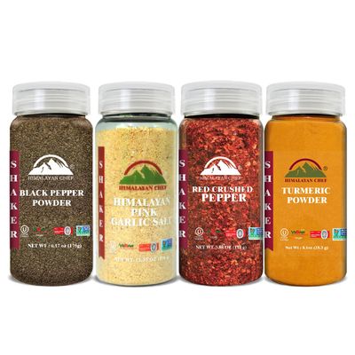 Himalayan Chef Natural Spices Shaker Variety Pack (Turmeric Powder, Black Pepper Garlic Salt Powder & Red Crushed Pepper) Natural, Hot & Spicy Flavors | All Purpose Seasonings Cooking - Pack of 4