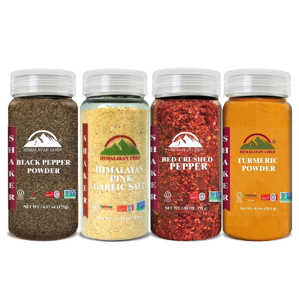 Himalayan Chef Natural Spices Shaker Variety Pack (Turmeric Powder, Black Pepper Garlic Salt Powder & Red Crushed Pepper) Natural, Hot & Spicy Flavors | All Purpose Seasonings Cooking - Pack of 4