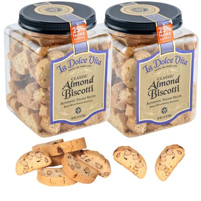 Nonni's La Dolce Vita Almond Biscotti - 34 Ounce 2 Pack Italian Cookies Jar Packed w/ California Whole Almonds Perfect Coffee Kosher 5 pounds 68 Ounce