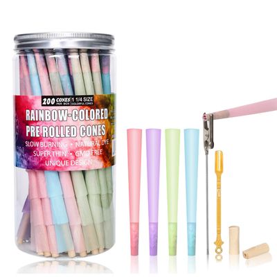 Colorful Cones Rolling Paper| 200 PACK 1 Size Pre Rolled Cones With Metal Spoon and Wood Filter Tips(GOLDENCLUB GORDONCONES)