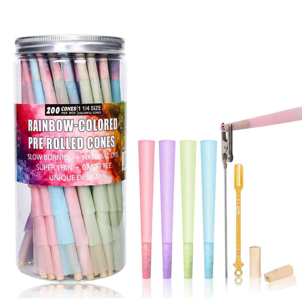 Colorful Cones Rolling Paper| 200 PACK 1 Size Pre Rolled Cones With Metal Spoon and Wood Filter Tips(GOLDENCLUB GORDONCONES)