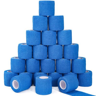 24 Pack Self Adhesive Cohesive Bandage Wrap, 2 x 5 Yards Blue Athletic Tape Pre Wrap Elastic Medical Tape Non Woven Bandage Rolls Vet Wrap for First Aid Medical, Sports, Knee, Ankle, Wrist Sprains
