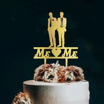 Mr & Mr Cake Topper Gay Couple Silhouette Monogram Wood Cupcake Topper Picks Wedding Birthday Decor Cute Glitter Gold Cake Accessories for Anniversary Engagement Cake Decoration