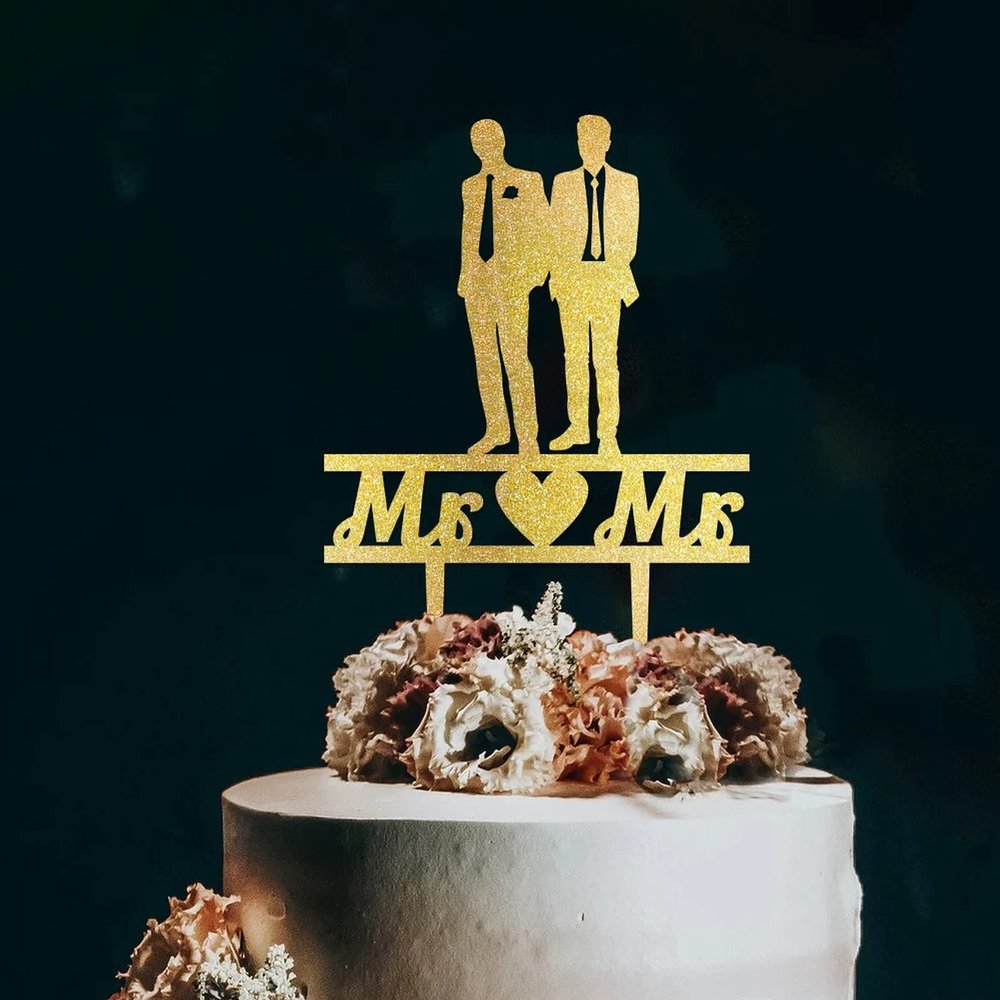 Mr & Mr Cake Topper Gay Couple Silhouette Monogram Wood Cupcake Topper Picks Wedding Birthday Decor Cute Glitter Gold Cake Accessories for Anniversary Engagement Cake Decoration