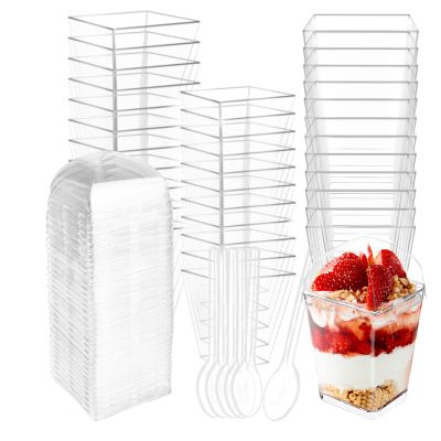 Wiaregom 50 Count 5OZ Dessert Cups with Lids and Spoons Square Plastic Dessert Cups Clear Parfait Appetizer Mini Bowls for Tasting Party Desserts Mousse Ice Cream